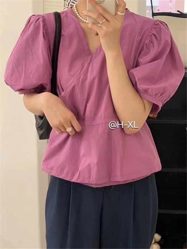 goods in stock! New in early summer! [h-xl] French V-neck bubble sleeve shirt 3396# XYY