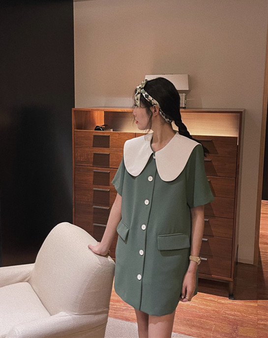 goods in stock! New in early summer! [t-too] color blocked breasted baby collar dress 335933# LSL