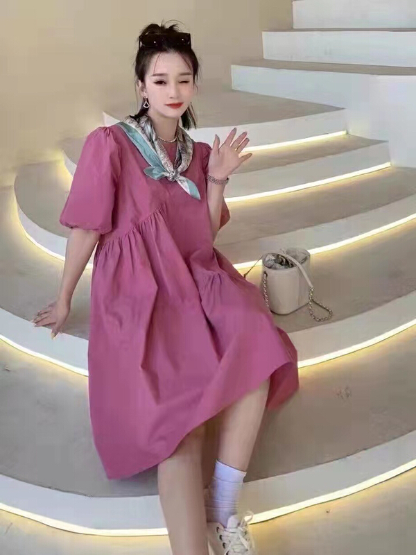 New in early summer! [GL] crew neck solid color simple dress (with silk scarf) 5218-1# XYY