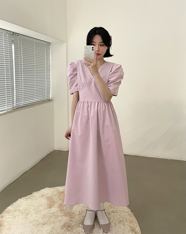 [lemon tree] little woman V-neck micro elastic dress (with bow hairpin) 66298# XYY