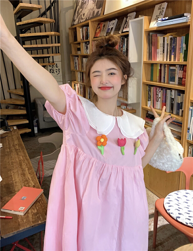 [timely rain] Han Feng ins sweet aging contrast color double collar three-dimensional flower back dress (with small flowers) 55525# WPL