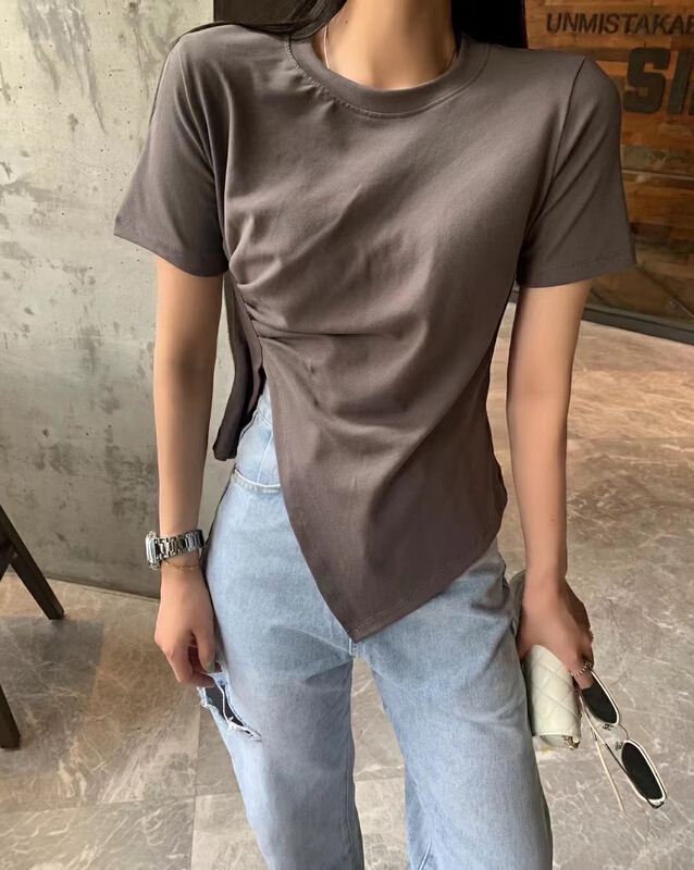 New in early summer! [LML] Korean slit twill pleated short sleeve T-shirt 9778# ozq