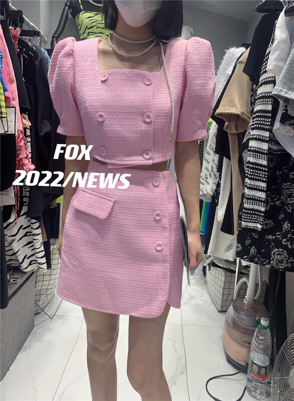 [fox] small fragrance double breasted Top + high waist slim skirt suit 53073# WTT