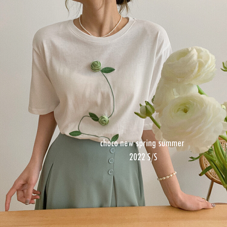New year in early spring! [choco] heavy industry stereo rose short sleeve T-shirt 8137# LSW