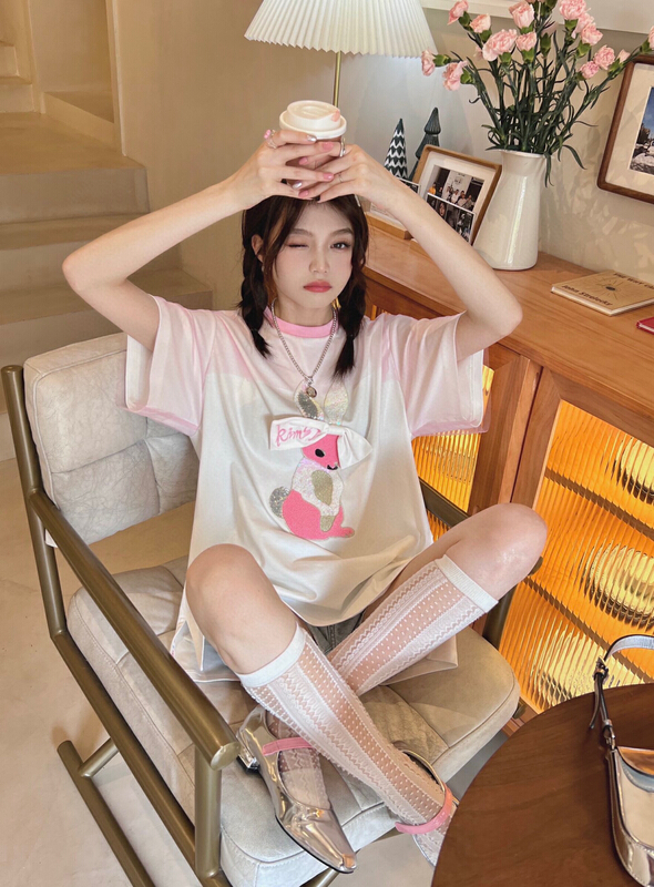 [YT] rabbit mesh stitched short sleeve T-shirt t51295# PCZ