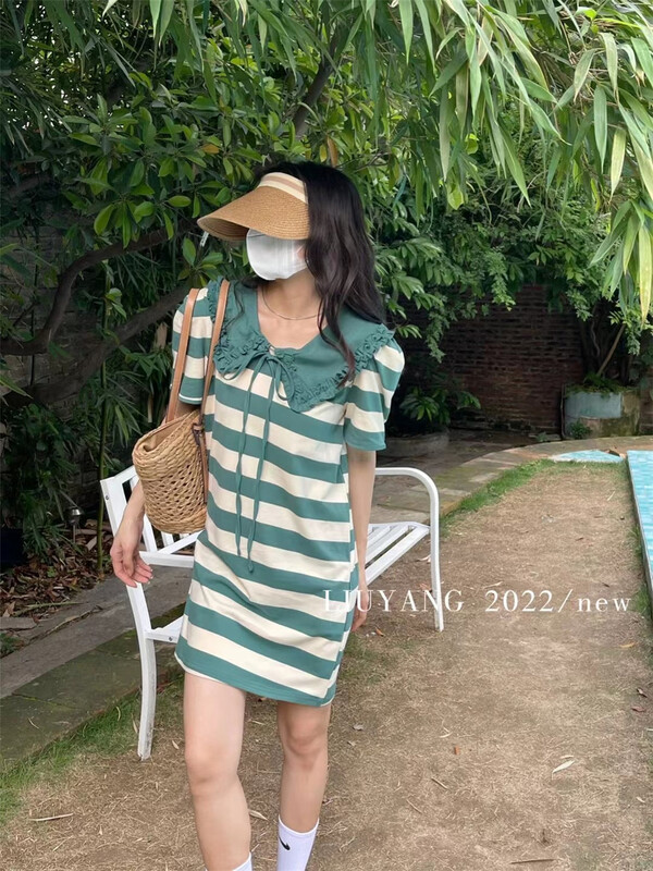 [d-one] doll neck stripe casual dress 16795# XJ