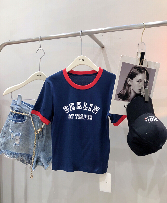 [sun] stitched letters Korean slim fit short sleeve T-shirt 5585# lwy