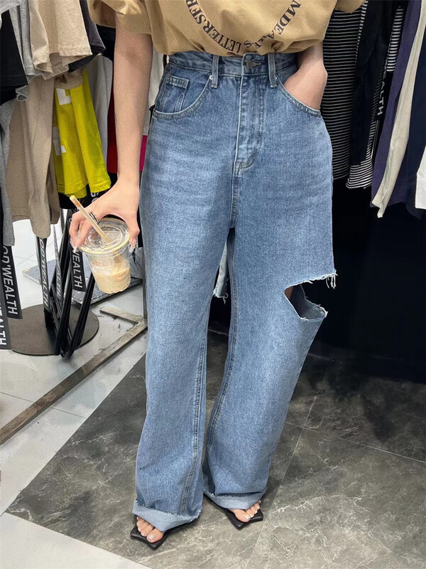 [buyer Yan Xuan - God of wealth] Korean wide leg pierced design jeans 2010# Cl