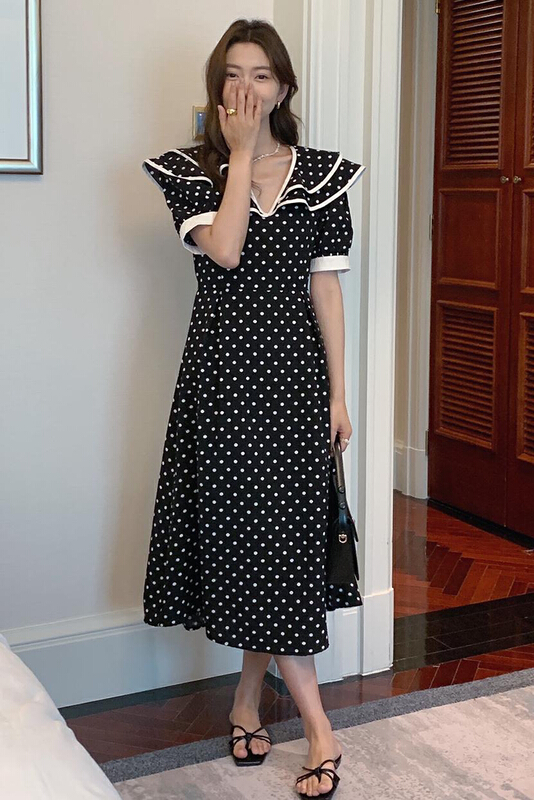 New in early summer! [LML] Korean version waist closing stitching double-layer doll collar thin Polka Dot Dress (only dresses) 8872# ozq