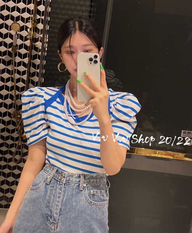 [v.v] Korean stripe bubble sleeve short short sleeve T-shirt 7212# cqw