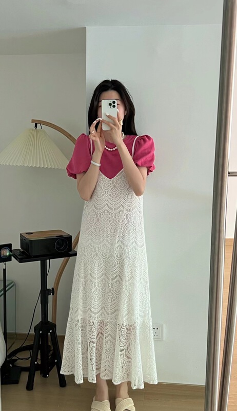 [sunshine] solid color bubble sleeve short sleeve T-shirt + hook flower suspender skirt two-piece suit 95261# cqw