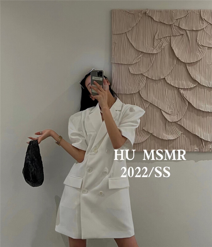 New in early summer! [Hu] Korean bubble sleeve suit collar double breasted dress 6560# zyh