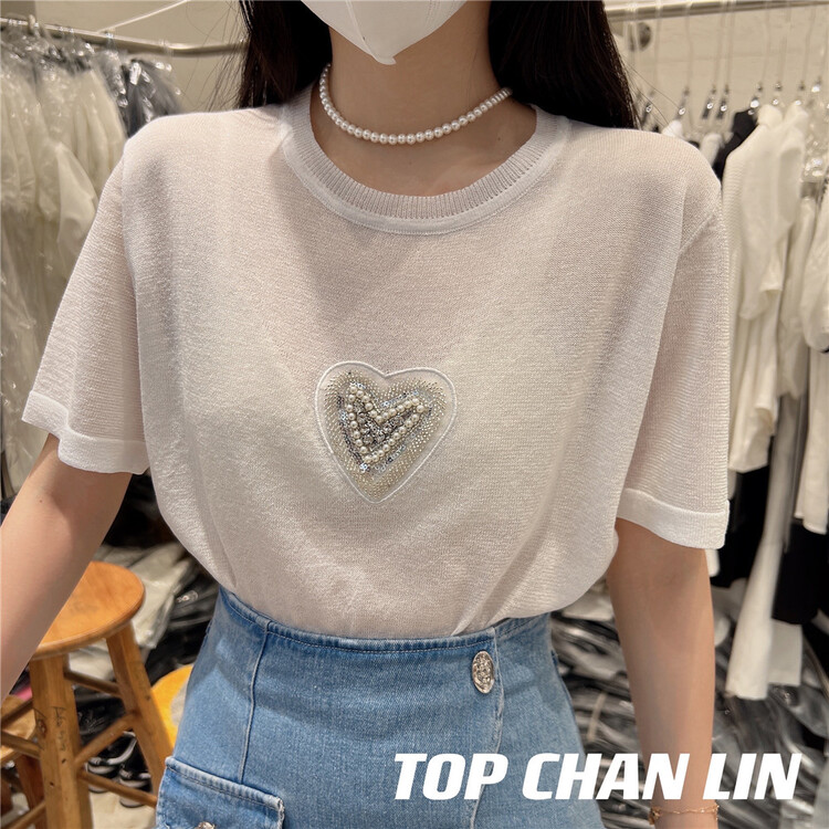 [top Chan Lin] heavy industry love color diamond short sleeve T-shirt 95126# cqw