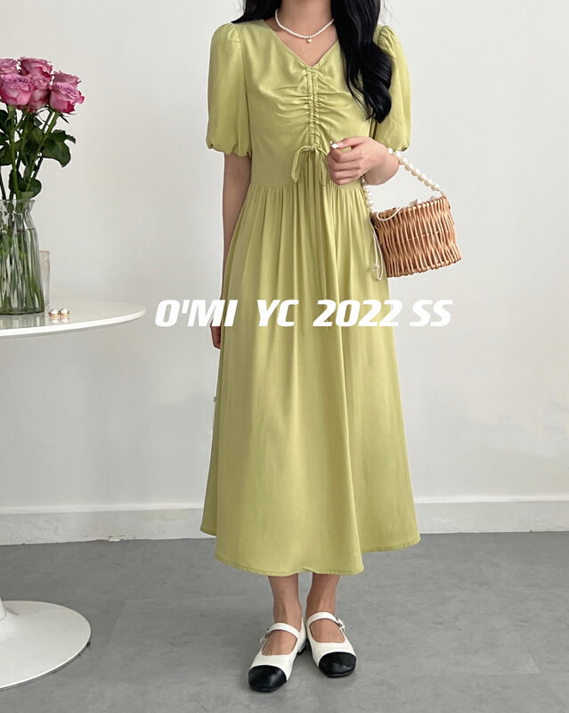 [O MI] V-neck design bubble sleeve dress 7216# HBx