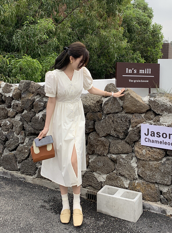 [from. V] Korean version waist closing V-neck bubble sleeve dress 7930# L