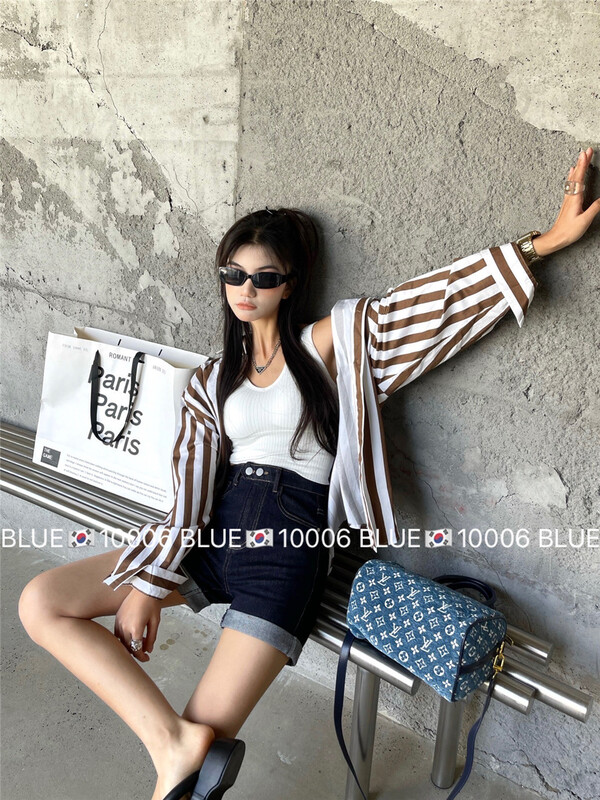 [blue] Korean version hem design loose denim shorts 10006# hjy