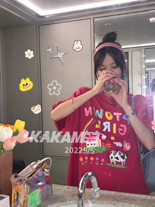 [kakamee] letter fun printed short sleeve T-shirt s508# LSL