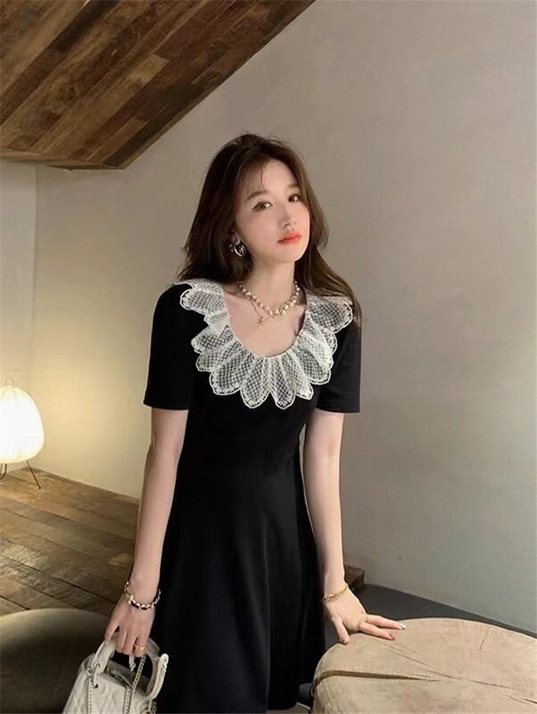 [six] French retro color matching lace dress 62711# PCZ