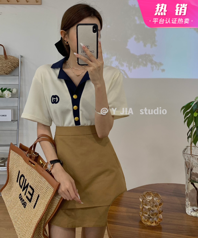 [y.jia Yijia] simple polo collar contrast V-neck short sleeve + fake two-piece skirt set 5660# PCZ