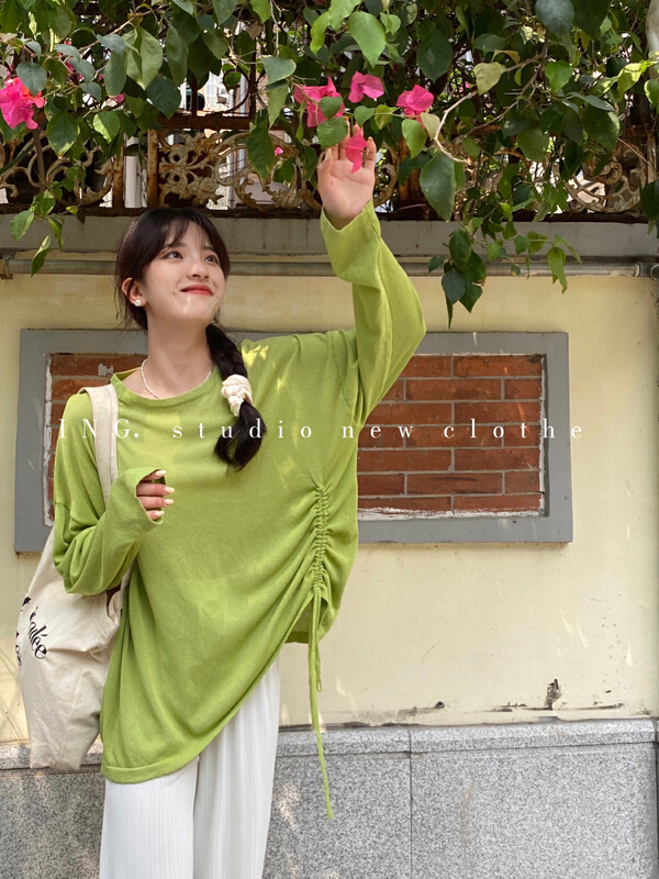 [ing] thin and slightly transparent side drawstring crew neck loose knit w3221# HBx