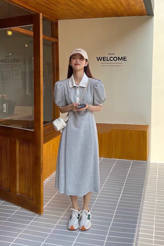 [wgwe] Polo neckline with a slim waist dress 1340# PCZ