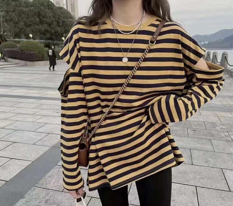 Original price 63.66! New year in early spring! [I-D] Korean loose shoulder striped long sleeve T-shirt 5137# L