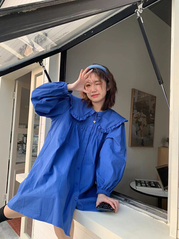 New year in early spring! [timely rain] Han Feng ins doll neck blue design feeling loose and thin pleated shirt dress 63025# WPL