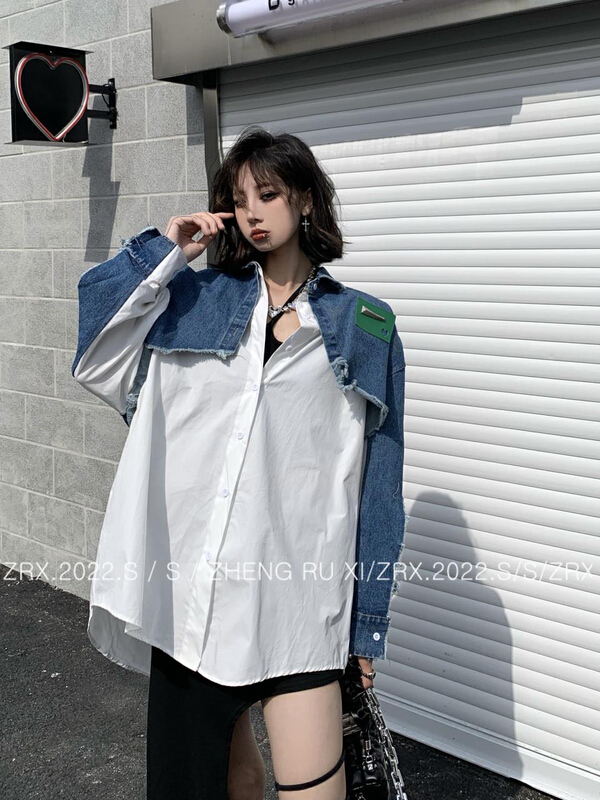 New in early summer! [zhengruxi] fake two denim splicing shirts 11540# WTT