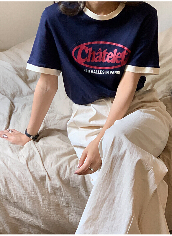 [the mind] contrast letter print short sleeve T-shirt 60266# XYJ