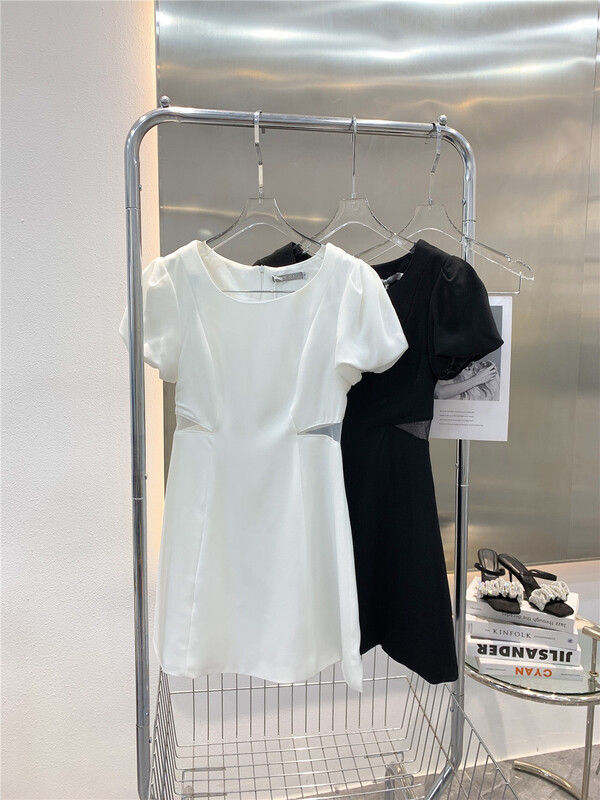 [Linna] French round neck bubble sleeve waist dress 124601# zxx