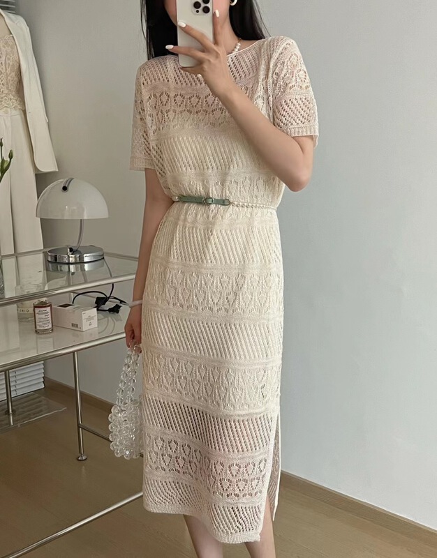 [sunshine] Korean hollow out short sleeved dress + two-piece suit with solid color suspender skirt inside (with belt) 301711# cqw