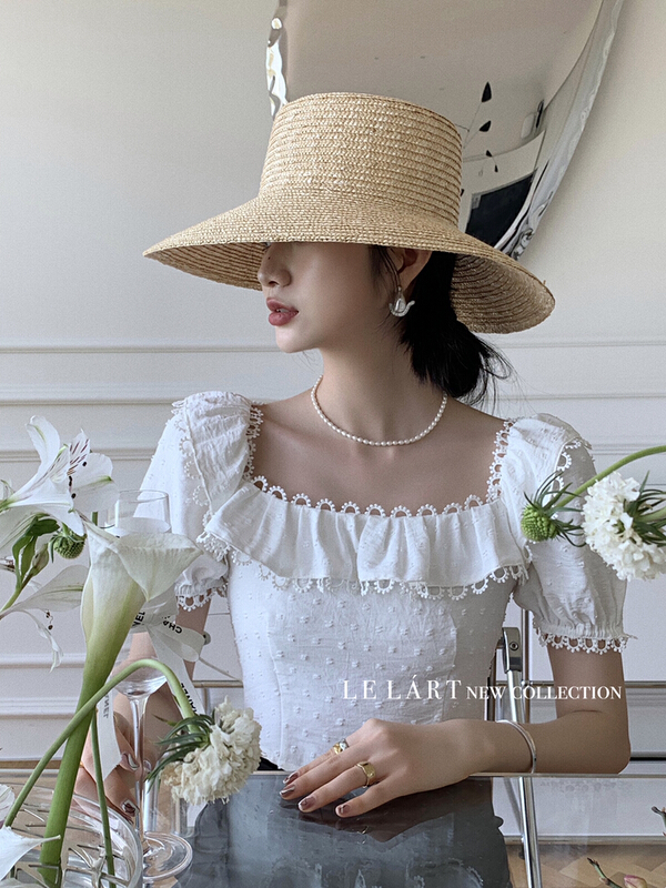 [le lart] high fashion French square neck Bubble Sleeve Chiffon shirt ll2809# XYJ