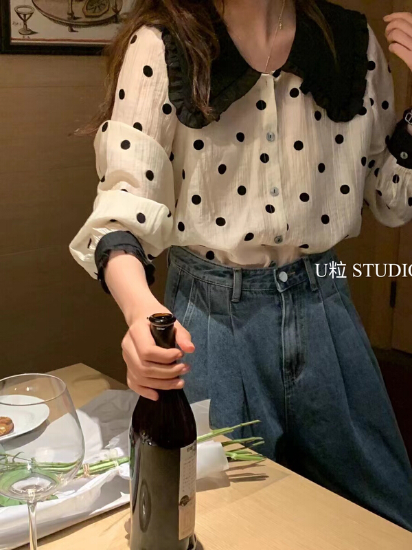 goods in stock! New year in early spring! [U grain] retro wave point baby collar shirt 5160# HBx