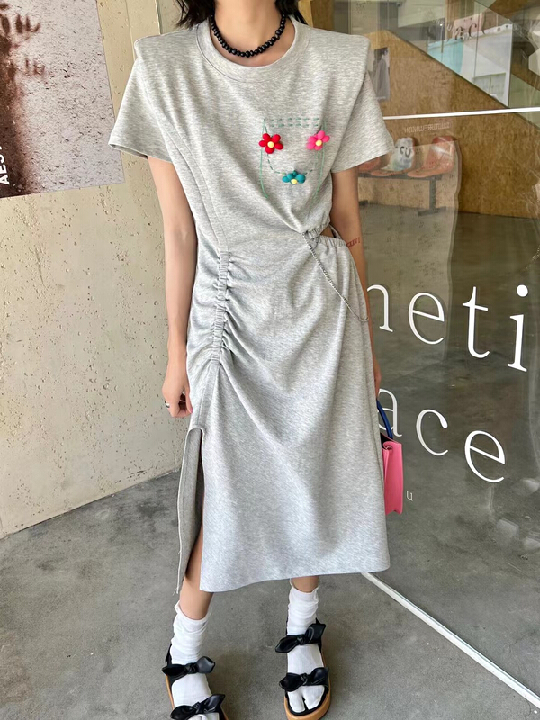 The original price is 95.88! [Dore Dore] round neck drawstring waistless chain small design three-dimensional floret dress 1170# ozq