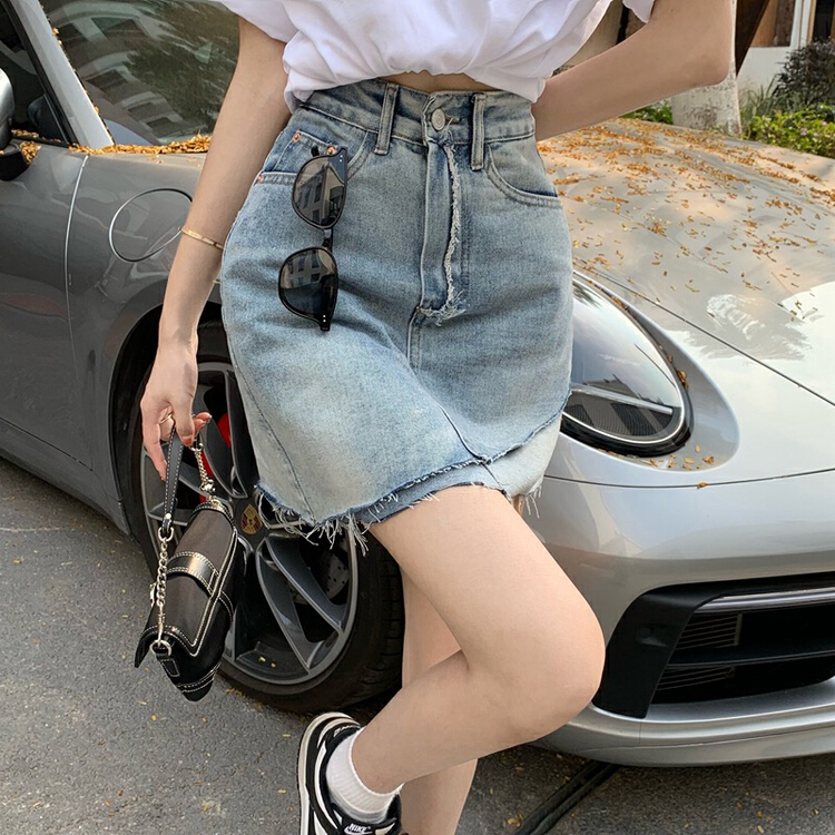 goods in stock! [timely rain] irregular design, high waist and versatile denim skirt 43159# WPL