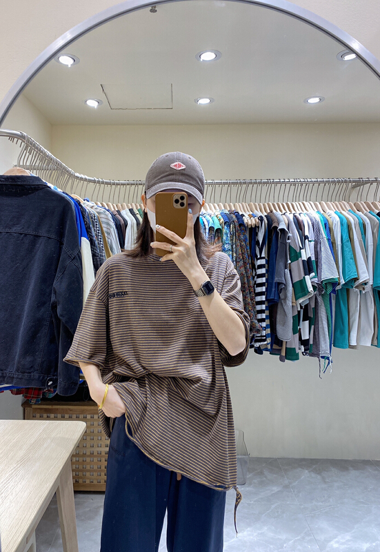 goods in stock! New year in early spring! [da. 7] embroidered letter Pinstripe short sleeve T-shirt 2325# LSL