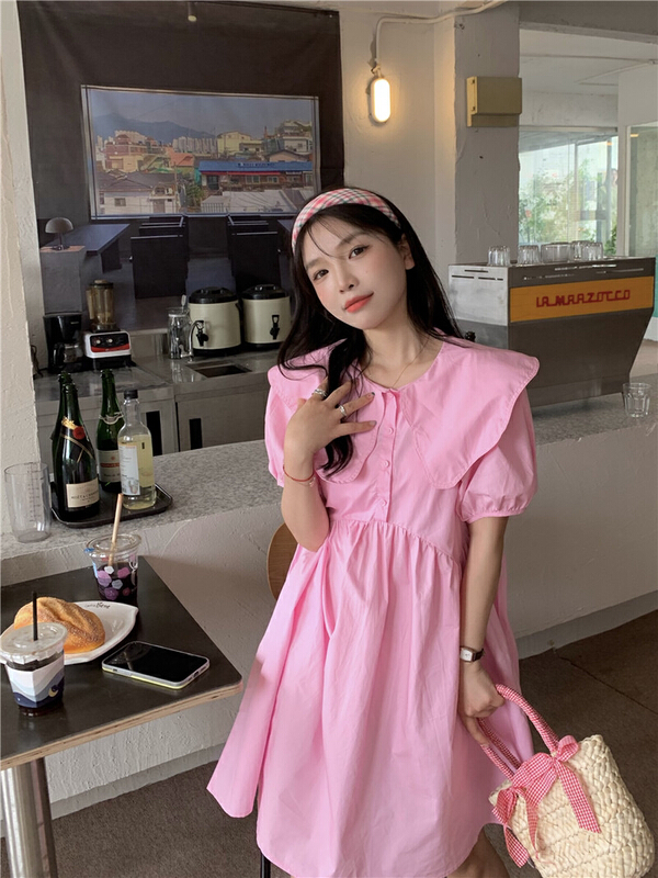 [timely rain] Han Feng ins sweet aging design sense doll collar bubble sleeve loose and versatile dress 55510# WPL