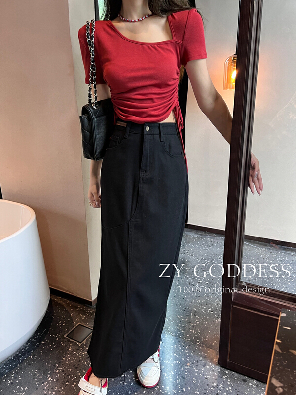 [ZY] vintage water wash versatile split split thin denim skirt j902# ozq