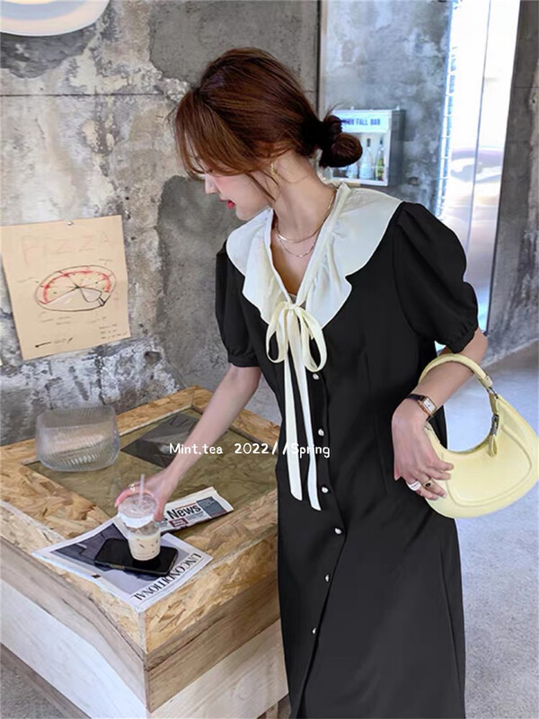 [mint tea] Korean Ruffle lace up bubble sleeve dress 22682# zjy