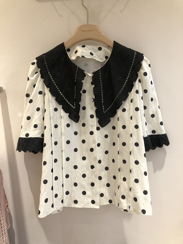 [seek peach] French Ruffle stitched Polka Dot blouse 5169# ll