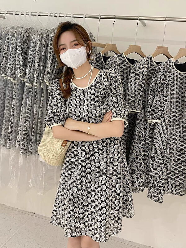 [chennnle] Korean fashion round neck bubble sleeve Printed Dress 9352# PCZ
