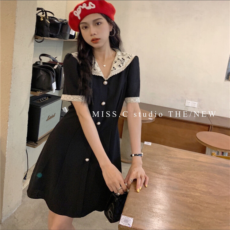 goods in stock! New in early summer! [miss. C studio] Korean lace stitched and breasted short sleeved dress 6487# zxx