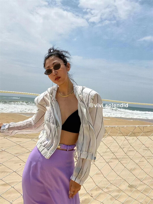 [vivi] hooded striped zipper sunscreen shirt (only sunscreen shirt) 7608# ozq