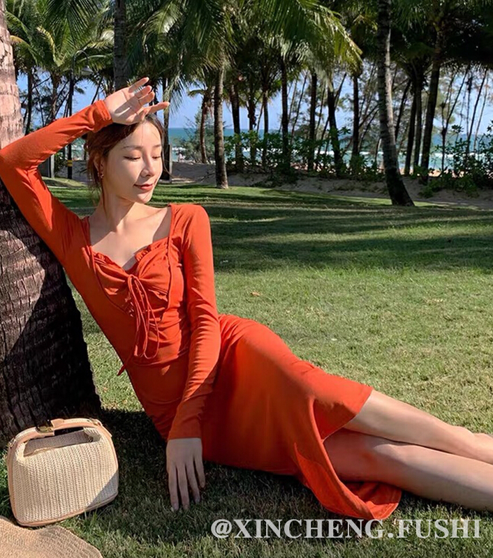 現貨!【心晟】法式復古溫柔修身女人味褶皺針織連衣裙  A180#  PCZ