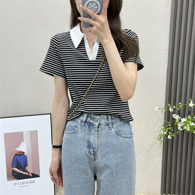 [six plus] simple Japanese stripe versatile short sleeve T-shirt 8028# CLS