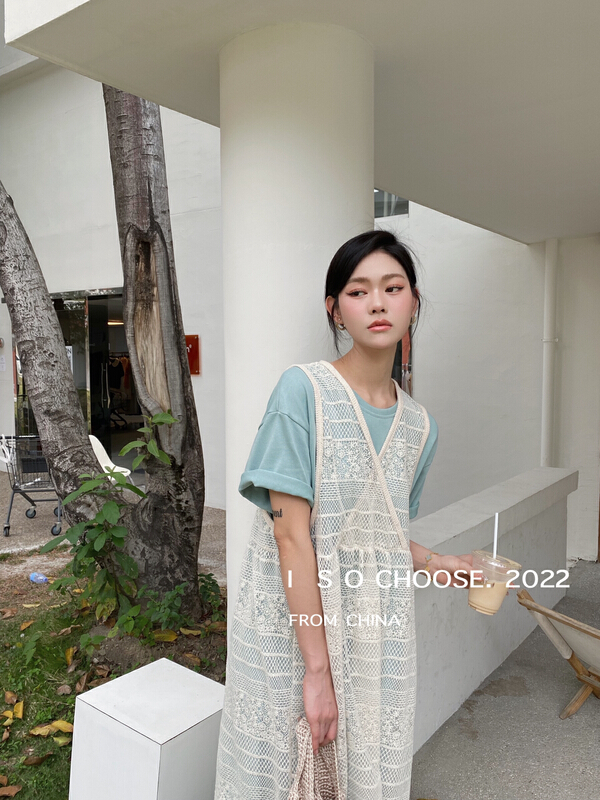 [ISO Korean] Korean round neck dress + V-neck lace dress set 2981# hjy