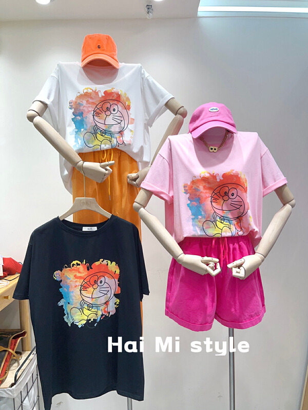 [Haimi] Korean loose and versatile gradient jingle cat printed short sleeve T-shirt 1822# WTT