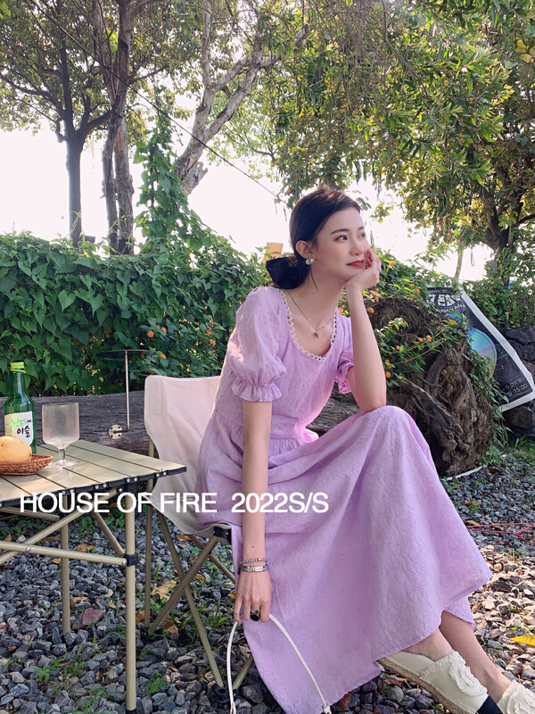 New in early summer! [huohuohuohuo hoodress] Korean embroidered patchwork lace up back bandage dress 22106# ozq
