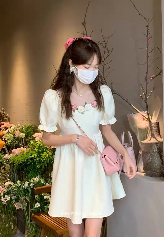 [L.L studio] French square neck bubble sleeve waist closing dress 7687# PCZ