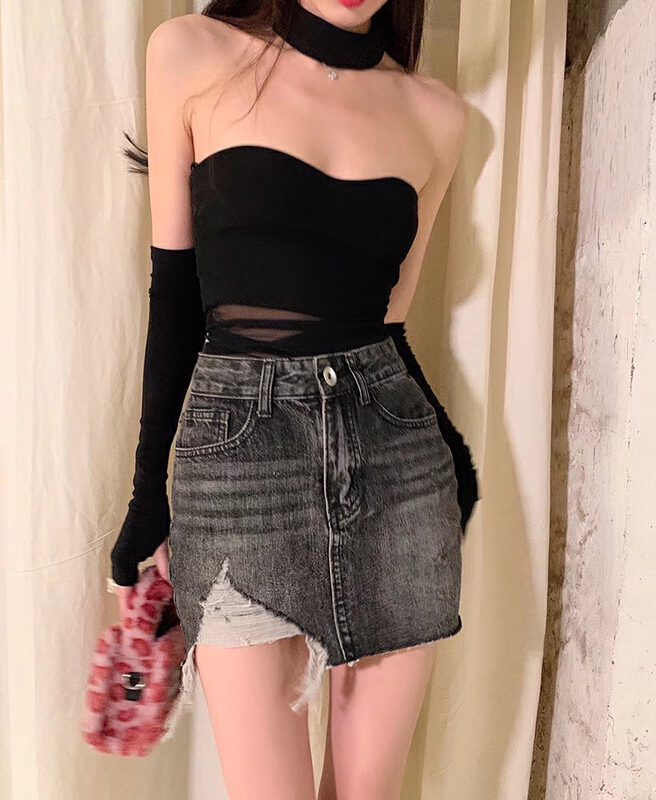 [h.max] Korean versatile perforated denim skirt c4538# ozq